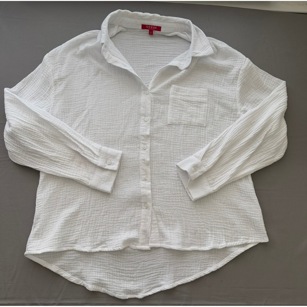GUESS White Cotton Gauze Button Down Shirt Long Sleeve High Low Cotton Small
